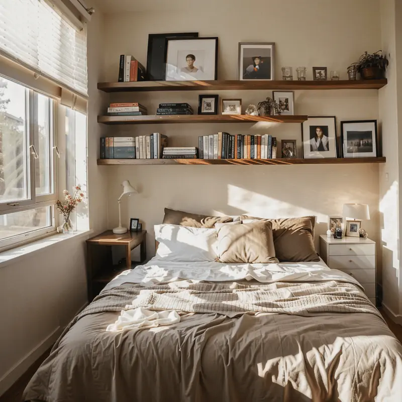 small bedroom, floating shelf, space maximizing, minimalist design, natural light, decorative items, organized space.