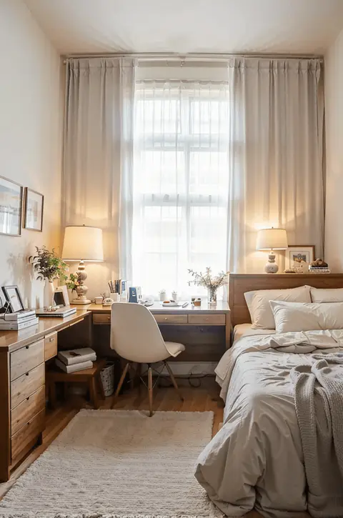 small bedroom ideas, light airy curtains, ceiling-to-floor curtains, maximizing space in small bedroom, natural light...