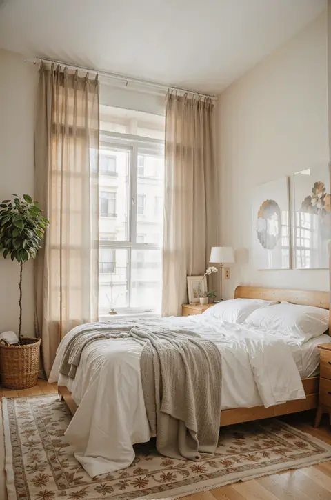 small bedroom ideas, light airy curtains, ceiling-to-floor curtains, maximizing space in small bedroom, natural light