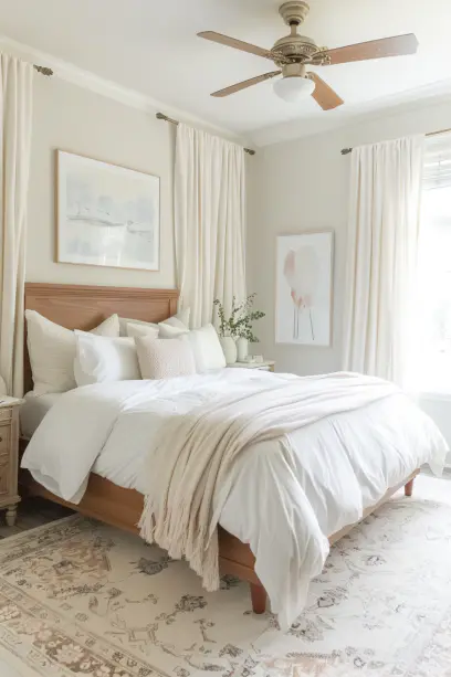 small bedroom ideas, light airy curtains, ceiling-to-floor curtains, maximizing space in small bedroom, natural light