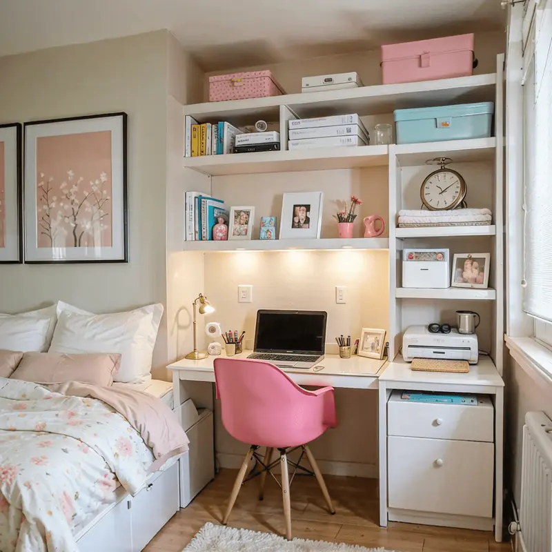 small bedroom, light colors, visual expansion, smart organization, spacious feel, monochromatic color scheme, pastel accents, built-in storage (2)