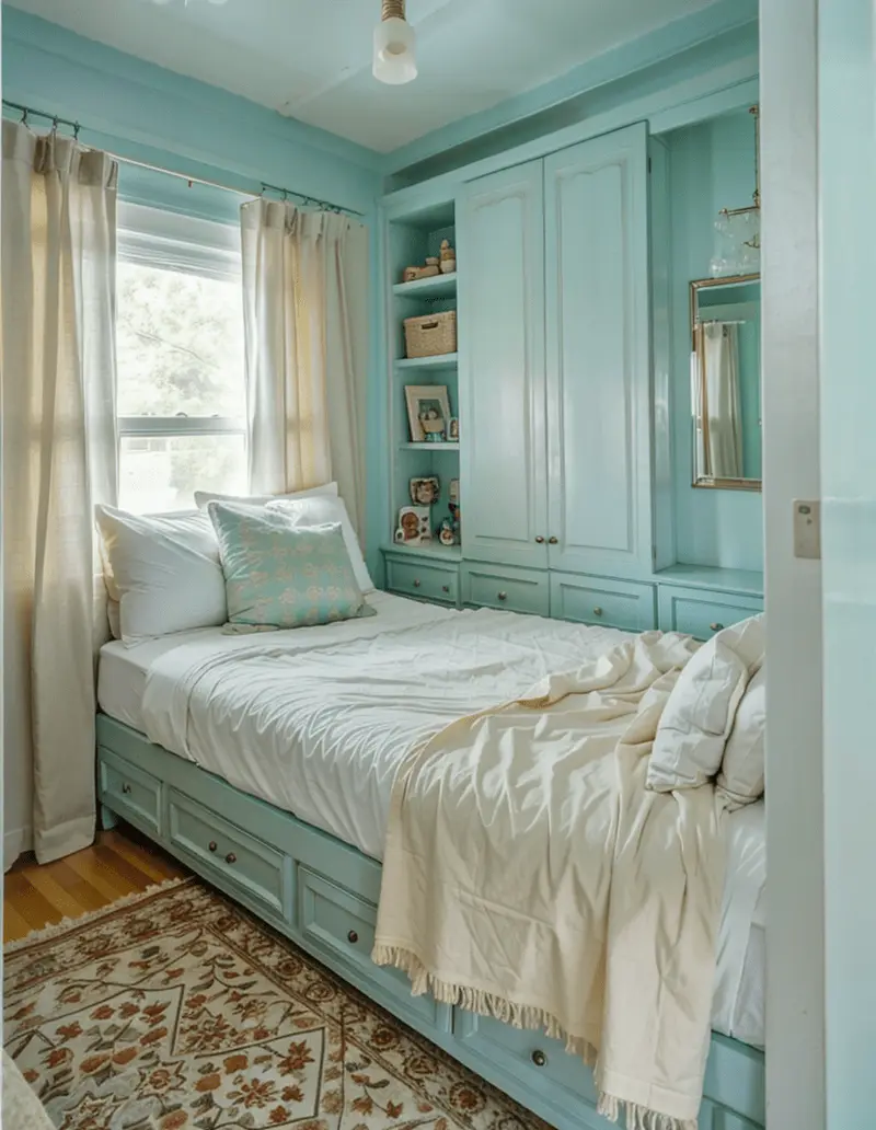 small bedroom, light colors, visual expansion, smart organization, spacious feel, monochromatic color scheme, pastel accents, built-in storage