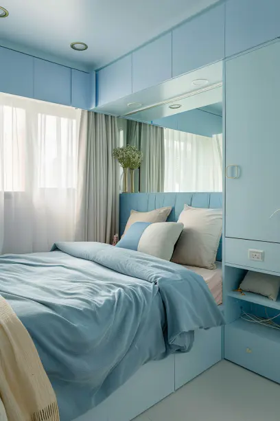 small bedroom, light colors, visual expansion, smart organization, spacious feel, monochromatic color scheme, pastel accents, built-in storage, wall-mounted desk
