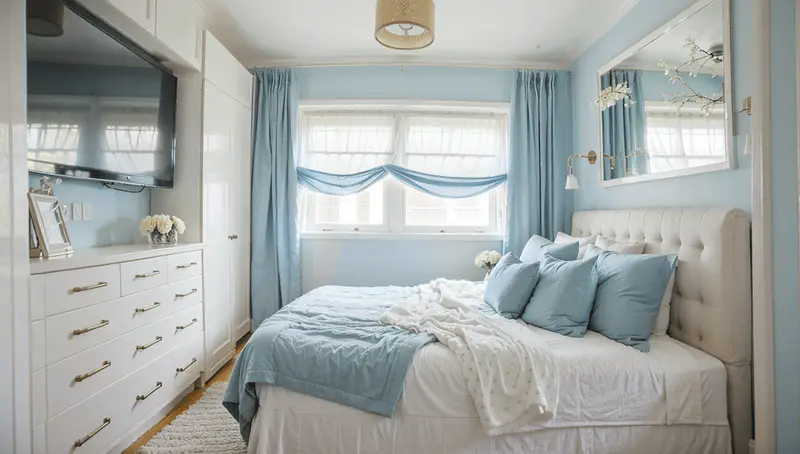 small bedroom, light colors, visual expansion, smart organization, spacious feel, monochromatic color scheme, pastel accents, built-in storage, wall-mounted desk.