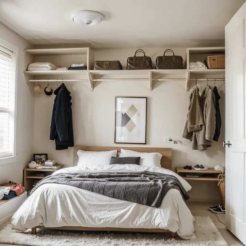 small bedroom, space maximizing, storage solutions, vertical space utilization, light color scheme, organized interior