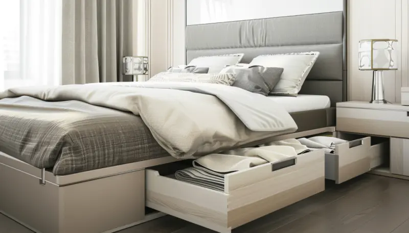small bedroom, under-bed storage, minimalist decor, light color scheme, space maximizing tips, functional bedroom design
