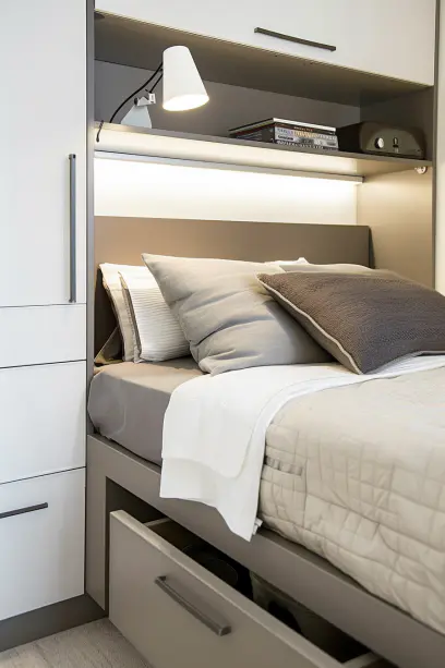 small bedroom, under-bed storage, minimalist decor, light color scheme, space maximizing tips, functional bedroom design..