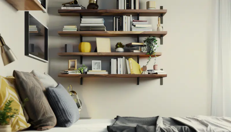 small bedroom, wall-mounted shelves, space-saving design, books, plants, natural light, cozy interior design