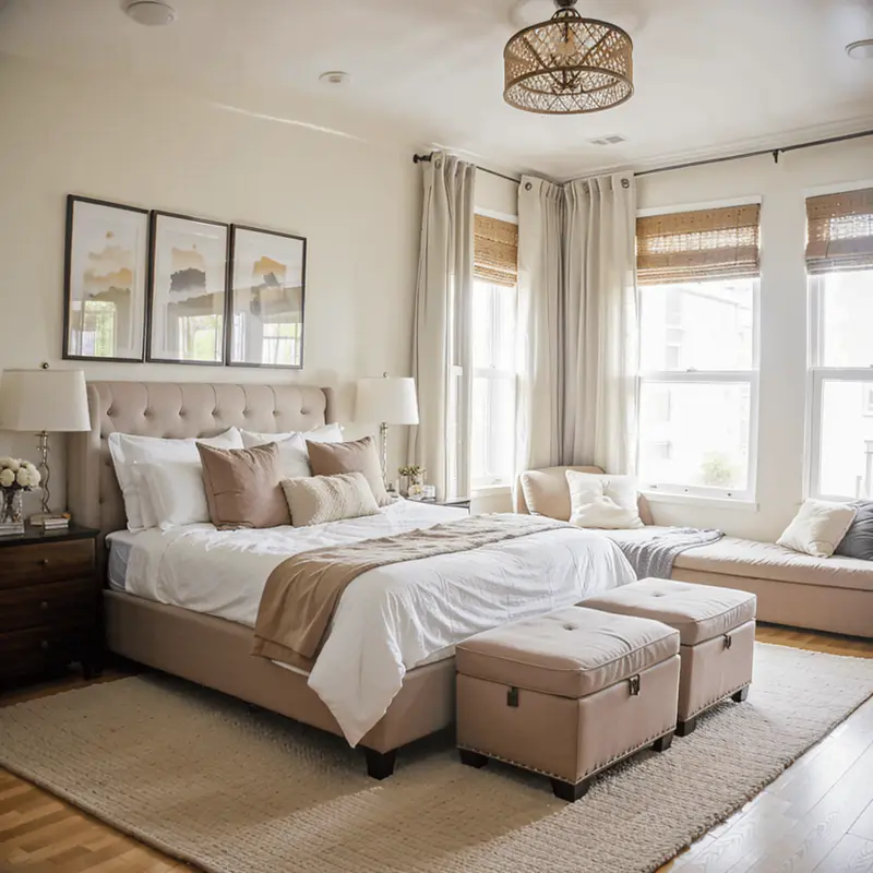small bedroom with storage ottoman cozy