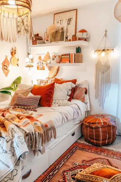 small boho bedroom, multifunctional furniture, floating shelves, organized space..