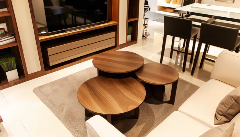 small living room, nesting tables, stackable chairs, space-saving, organization.