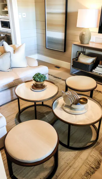 small living room, nesting tables, stackable chairs, space-saving, organization