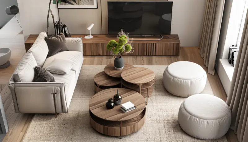 small living room, nesting tables, stackable chairs, space-saving, organization..