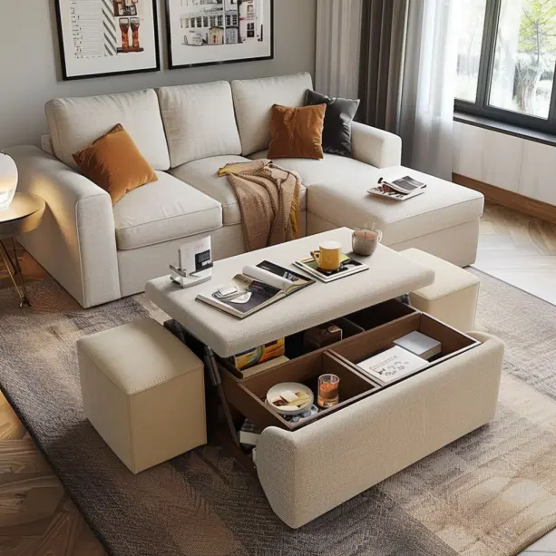 small room, multi-functional furniture, space-saving, efficient organization, footstool, ottoman, sofa bed