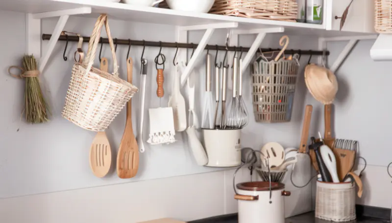 space-saving, hanging baskets, organized, storage solutions, small space.