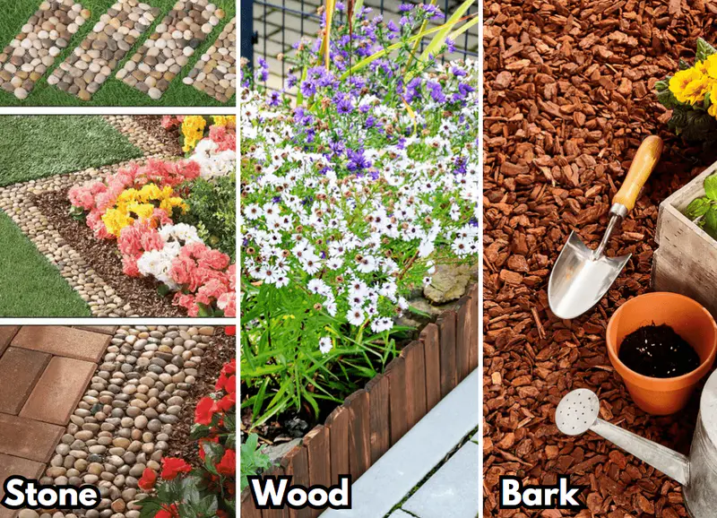 stone, wood (anti-corrosive material) and bark edge garden