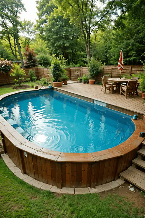 view of the multi-level deck next to an above-ground pool, showcasing detailed textures of wood