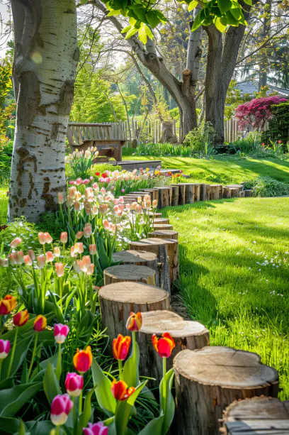 wooden logs placed vertically as lawn edging.