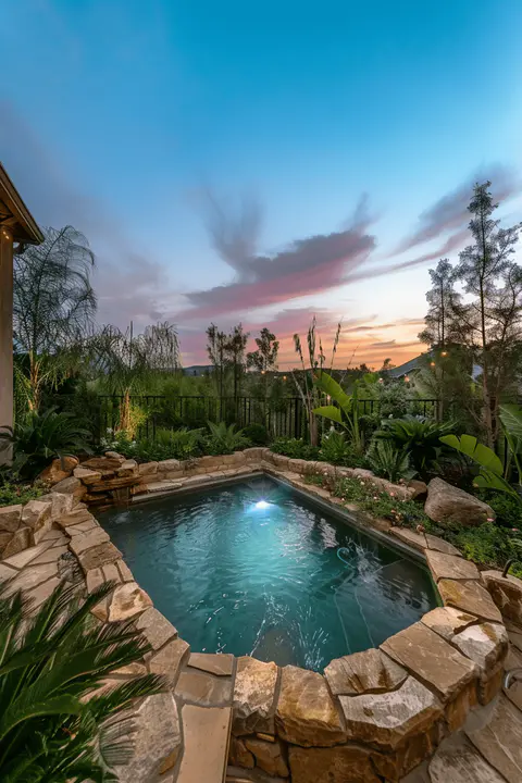 Beautiful compact garden with a small inground pool, vibrant green plants, decorative rocks, and string lights creating a magical ambiance