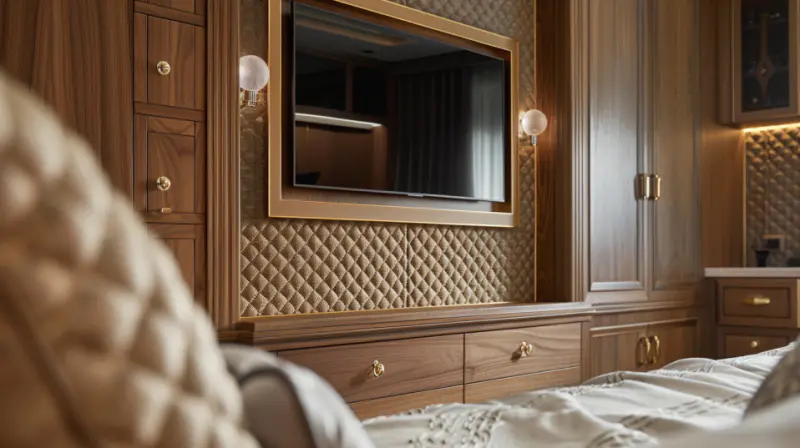 Close-up of TV wall design in an elegant bedroom with textured wallpaper and custom cabinetry