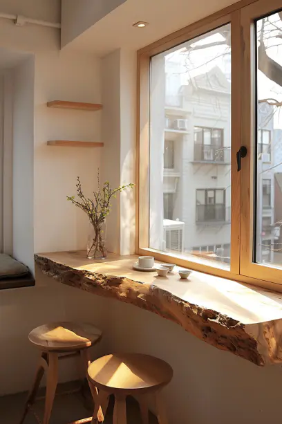 Close-up of a floating live edge dining table in an American home, showcasing the wood grain and minimalist decor