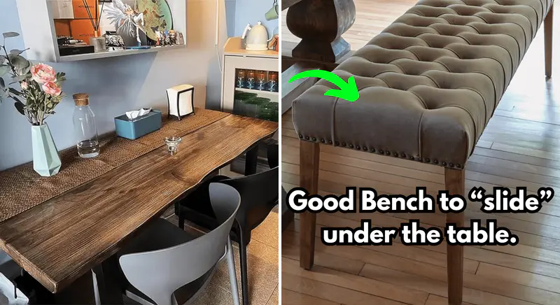 Compact Seating bench to slide under the talbe and slim profile chairs