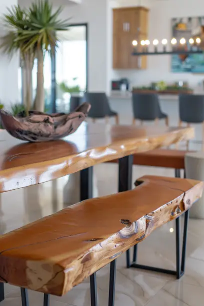 Contemporary dining room with live edge table and leather and fabric benches