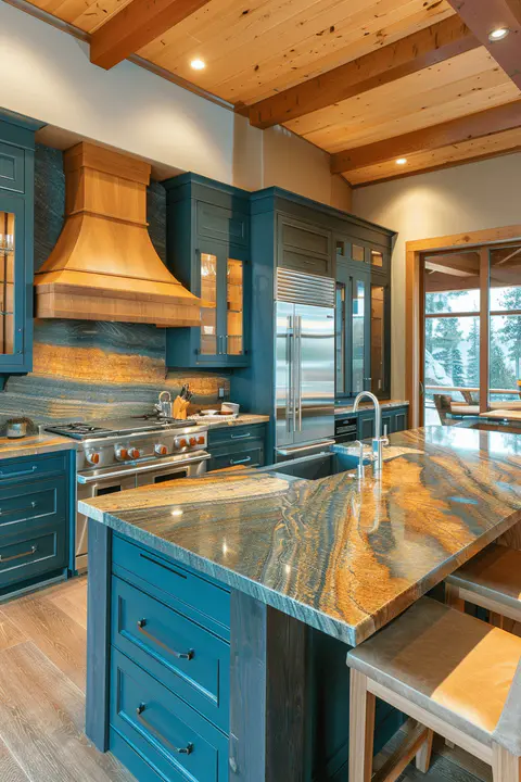 Contemporary kitchen with rich blue and green cabinets, wooden accents, large granite island, and stainless steel appliances..