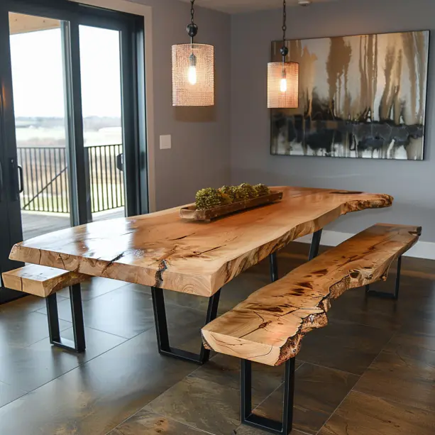 Detailed Close-up of Live Edge Dining Table Edge benches
