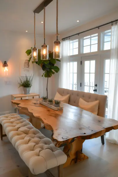 Dining room featuring a live-edge wooden table with cushioned benches, blending rustic charm and modern comfort in a bright, inviting ambiance