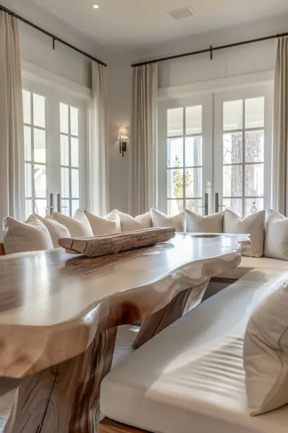 Dining room featuring a live-edge wooden table with cushioned benches, blending rustic charm and modern