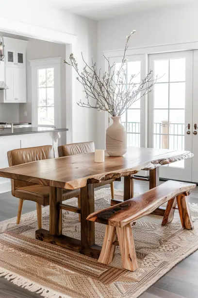 Dining room with live edge table and leather and fabric upholstered benches.