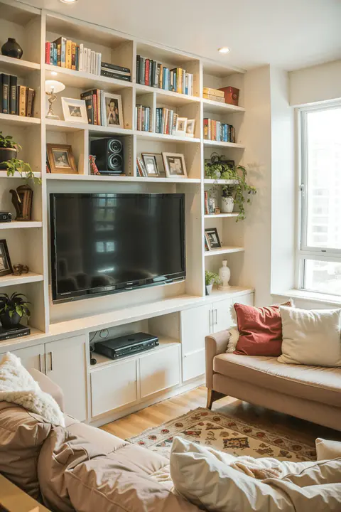 Display Shelves for TV Wall in Small Room