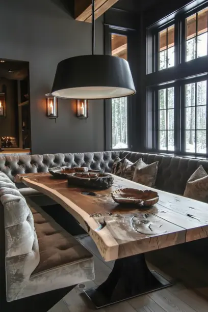Eclectic dining room with vibrant cushioned benches and live edge table
