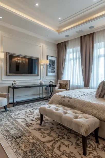 Elegant bedroom with functional TV wall, chic bedding, cushioned bench, stylish armchair, and soft natural light