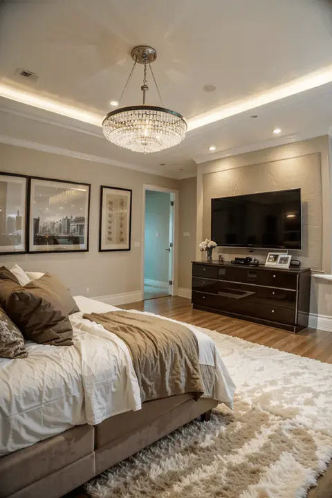 Expansive modern bedroom TV wall decor, ideal bed and TV placement, and sophisticated aesthetics