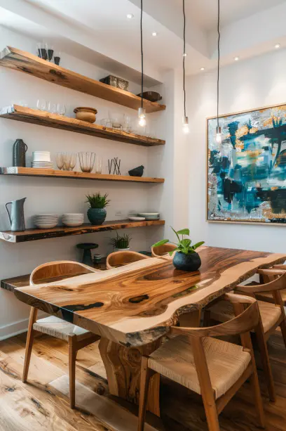 Live Edge Dining Table in Small Dining Room with Shelving Units