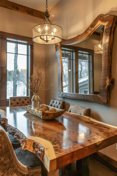 Live Edge Dining Table with Reflective Mirror in Cozy Dining Room.