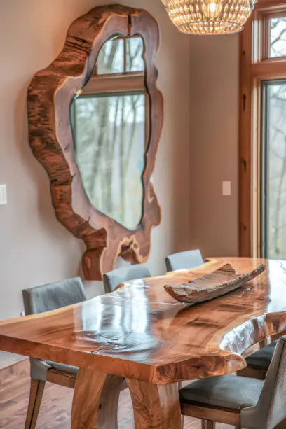 Live Edge Dining Table with Reflective Mirror in Cozy Dining Room