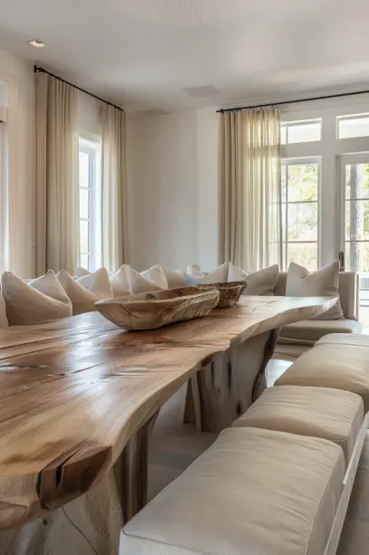Live edge wooden table with cushioned benches in dining area