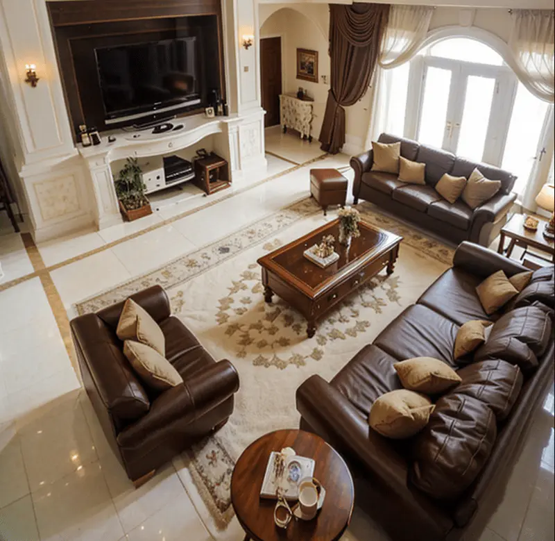 Luxury TV wall design with white marble and walnut wood, leather furniture