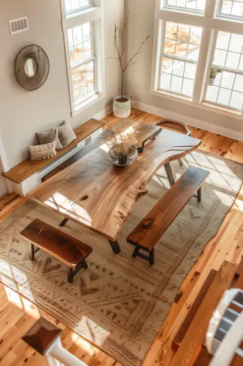 Macro View of Live Edge Bench Detailing in Dining Area