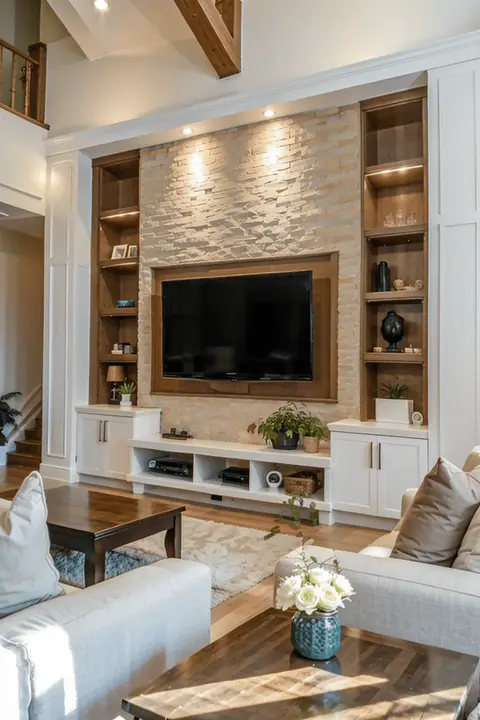 Macro shot of integrated LED lighting on luxury TV wall design, highlighting texture and ambiance.