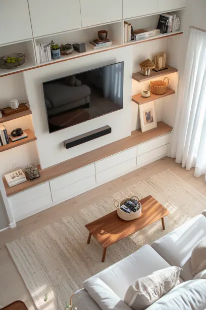 Minimalist TV wall design in a small modern living room, aerial view, neutral color palette, light grey sofa, wooden coffee table, sleek white wall unit