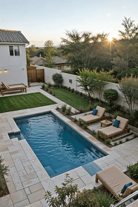 Minimalist small inground pool with smooth decking in a compact backyard.