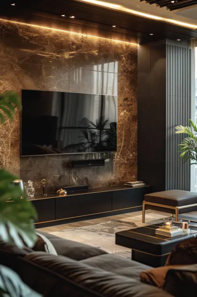 Modern Luxury TV Wall Design with Dark Wood Panels and Gold Accents in Contemporary Living Room, Aerial View.