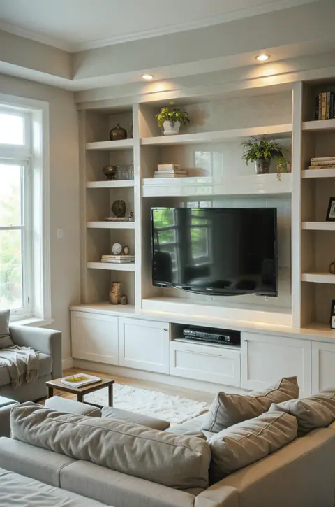 Modern compact living room with space-saving TV wall, built-in open shelves, natural light, grey walls, airy atmosphere