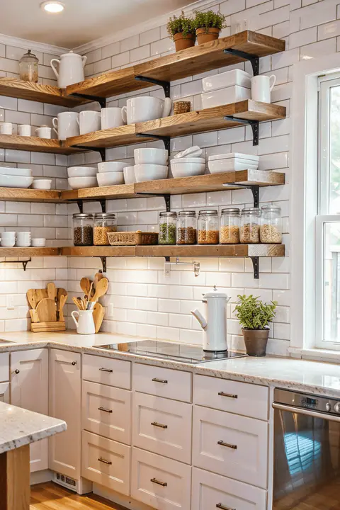Modern kitchen with rustic wooden open shelving showcasing white ceramics and potted plants