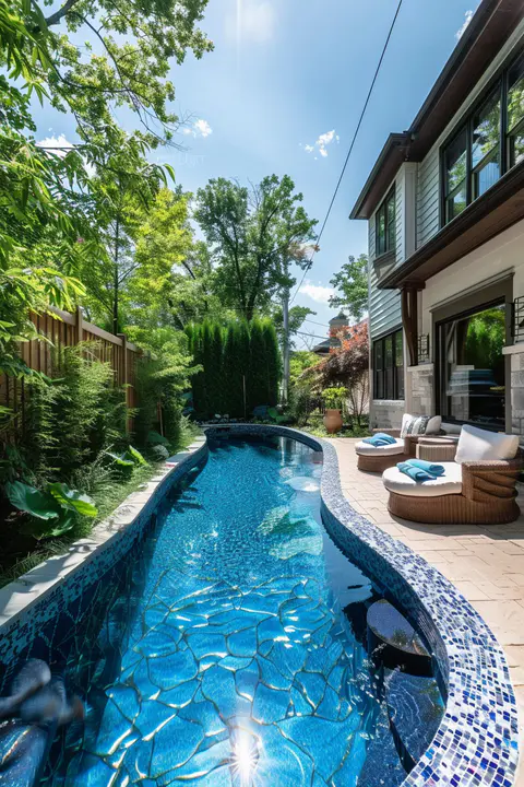 Modern small inground pool, geometric mosaic tiles