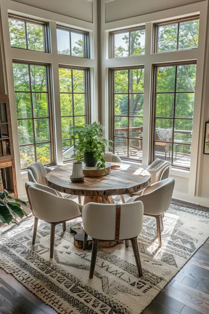 Panoramic View of Dining Room with Live Edge Table comfy chairs